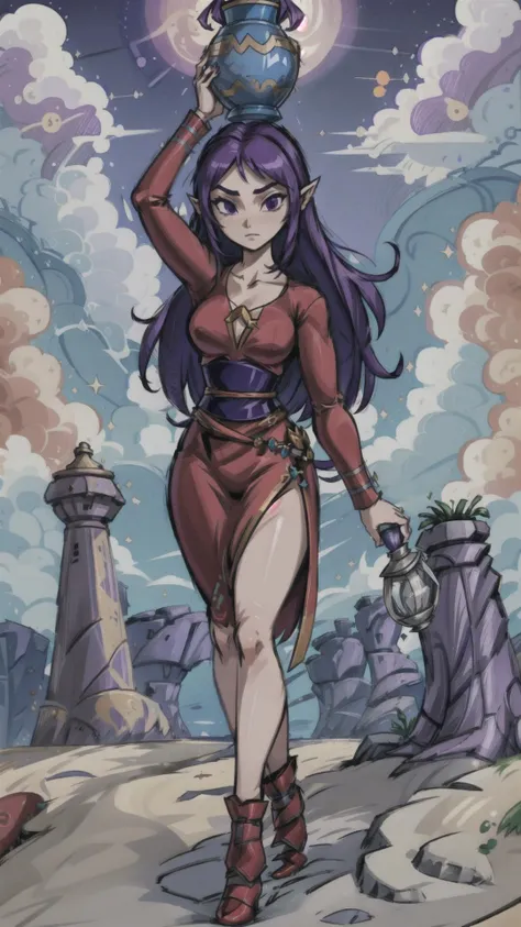 <lora:sue-belle:0.7> sue-belle, 1girl, pointy ears, purple hair, purple eyes, long hair, red dress, wide hips, tall female, narrow waist, (holding vase:1.25), beach, <lora:StyleWindwaker1:0.8> Style Windwaker, StyleWindwaker, masterpiece, best quality, extremely detailed, highly quality, 4k, sharp focus, professional, sharp focus, award winning, cinematic lighting, octane render, unreal engine, volumetrics dtx, Wallpaper,