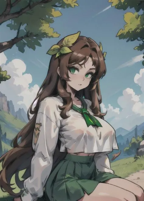 bust up,portrait, sua, long hair, csr style,green eyes, brown hair, very long hair, large breasts, white shirt crop top,mid rif, green skirt, hair ornament, moutains background, <lora:cutesexyrobutts_v2:0.6>