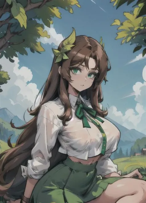 bust up,portrait, sua, long hair, csr style,green eyes, brown hair, very long hair, large breasts, white shirt crop top,mid rif, green skirt, hair ornament, moutains background, <lora:cutesexyrobutts_v2:0.6>