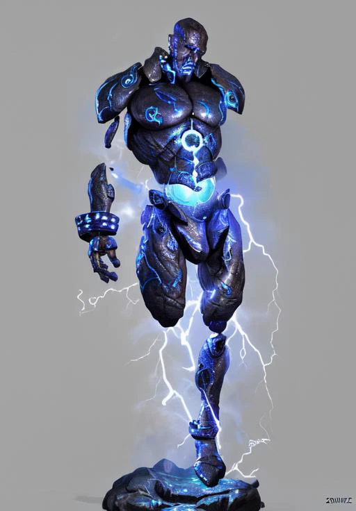 Plasma inspired character with a body filled with electricity on him plasma arms A muscular plasma body filled with electricity glowing purple purple tinted with dark blue on him a white plasma gun decorated with gray with purple with an electricity tank on the gun a plasma head with black and purple eyes plasma hair filled with purple electricity and a dangerous fighter side 