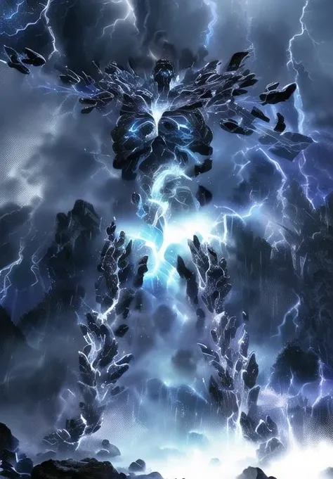 <lora:Storm_Atronach:0.8>, Storm_Atronach, thunderous wrath, electric fury, darkened skies, lightning strikes, deafening roars, torrential downpour, ominous tempest, copper skin, (magical, magnificent, masterpiece:1.3), (trending on CGSociety, trending on pixiv, contest winner:1.3)
