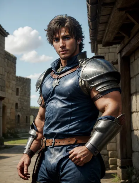(1boy), model shot, anime style, handsome young face, tan glowing skin, <lora:more_details:0.5>, <lora:clive:0.5>, clive rosefield, facial hair, left ear clip, strong square jaw, bright blue eyes, leather armor, mediaeval kingdom