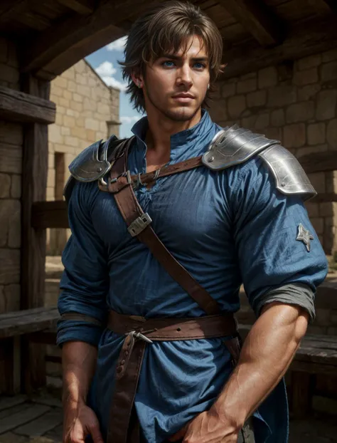 (1boy), model shot, anime style, handsome young face, tan glowing skin, <lora:more_details:0.5>, <lora:clive:0.5>, clive rosefield, facial hair, left ear clip, strong square jaw, bright blue eyes, cloth tunic, mediaeval kingdom