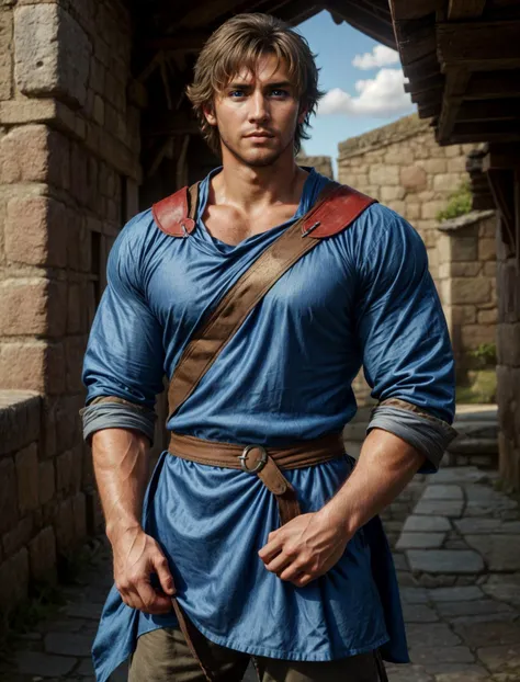 (1boy), model shot, anime style, handsome young face, tan glowing skin, <lora:more_details:0.5>, <lora:clive:0.5>, clive rosefield, facial hair, left ear clip, strong square jaw, bright blue eyes, cloth tunic, mediaeval kingdom