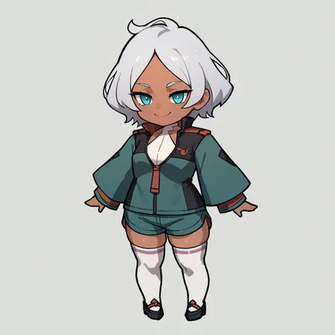 score_9,score_8_up,score_7_up, seciDo, dark skin, dark-skinned female, aqua eyes, silver hair, short hair, seceUni, green jacket, shoulder boards, emblem, partially unzipped, halterneck, white leotard, green sleeves, two-sided sleeves, layered sleeves, green shorts, short shorts, white thighhighs, chibi, simple background, solid oval eyes, stubby arms, stubby legs, full body, standing, light smile, closed eyes, <lora:SeceliaDotePDXL_V1-Manityro-CAME:0.9>