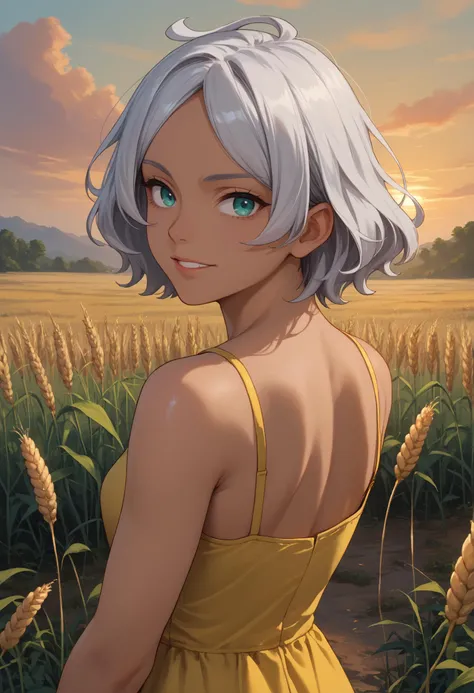 score_9, score_8_up, score_7_up, 1girl, solo, seciDo, dark skin, dark-skinned female, aqua eyes, silver hair, short hair, parted bangs, white nails,
yellow sundress, sleeveless,
looking at viewer, smile, parted lips, looking back, fit,
outdoors, wheat field, sunset, (sci-fi, science fiction:1.3),
<lora:SeceliaDotePDXL_V1-Manityro-CAME:1.0>,