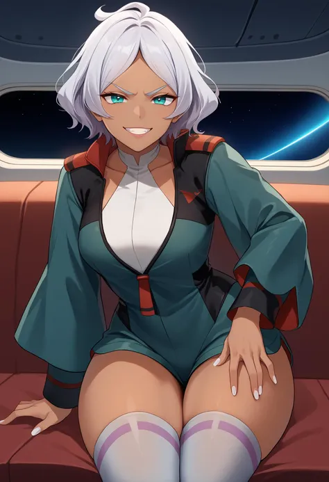 score_9,score_8_up,score_7_up BREAK seciDo, dark skin, dark-skinned female, aqua eyes, silver hair, short hair, white nails, parted bangs, seceUni, green jacket, shoulder boards, emblem, partially unzipped, halterneck, white leotard, green sleeves, two-sided sleeves, layered sleeves, green shorts, short shorts, white thighhighs, mature female, spacecraft interior, sitting, leaning forward, grin, smug, uneven eyes, hand on own thigh, adjusting clothes, shorts lift, pinching, looking at viewer, raised eyebrows, hips, thighs, <lora:SeceliaDotePDXL_V1-Manityro-CAME:1>