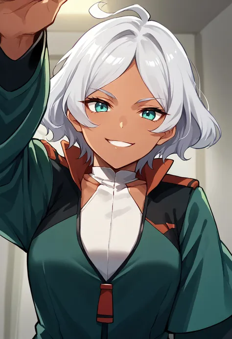 score_9, score_8_up, score_7_up, source_anime, upper body, solo, 1girl, seciDo, dark skin, dark-skinned female, smile, looking at viewer, incoming headpat, arm up, aqua eyes, silver hair, short hair, white nails, parted bangs, seceUni, green jacket, shoulder boards, emblem, partially unzipped, halterneck, white leotard, green sleeves, two-sided sleeves, layered sleeves, indoors <lora:SeceliaDotePDXL_V1-Manityro-CAME:0.9> <lora:concept_incomingheadpat_ponyXL:1>