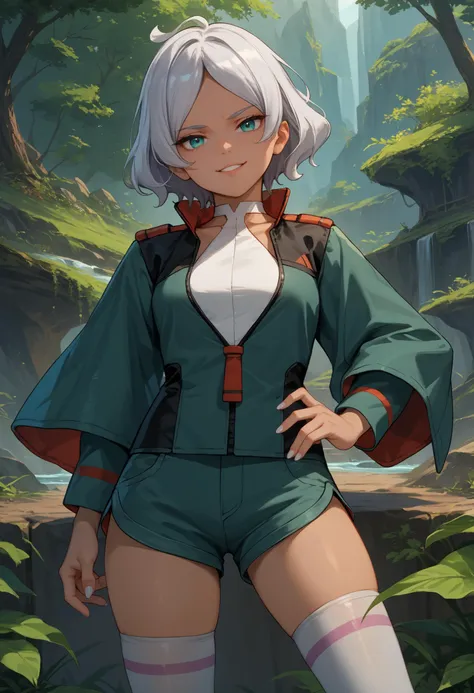 score_9, score_8_up, score_7_up, 1girl, solo, seciDo, dark skin, dark-skinned female, aqua eyes, silver hair, short hair, parted bangs, white nails,
seceUni, green jacket, shoulder boards, emblem, partially unzipped, halterneck, white leotard, green sleeves, two-sided sleeves, layered sleeves, green shorts, short shorts, white thighhighs,
looking at viewer, smug, smirk, hand on hip, arms at sides, head tilt, parted lips,
outdoors, sci-fi, science fiction, 
<lora:SeceliaDotePDXL_V1-Manityro-CAME:1.0>,