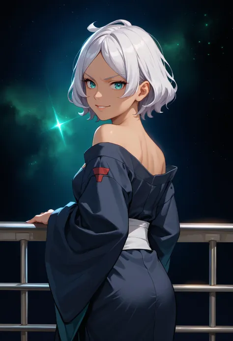 score_9, score_8_up, score_7_up, 1girl, solo, seciDo, dark skin, dark-skinned female, aqua eyes, silver hair, short hair, parted bangs, white nails,
black kimono, off-shoulder kimono,
looking at viewer, looking back, smile, smirk, rear view, leaning on rail, grabbing rail,
space, green nebula, void, space station, star, supernova, (sci-fi, science fiction:1.4), (surreal, abstract:1.1), night, dark, starry,
<lora:SeceliaDotePDXL_V1-Manityro-CAME:1.0>,