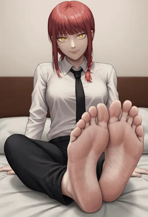 bedroom, foot focus, 1girl, feet, barefoot, soles, makima (chainsaw man), red hair, toes, shirt, solo, pants, looking at viewer, necktie, foreshortening, white shirt, yellow eyes, sitting, smile, collared shirt, letterboxed, bangs, ringed eyes, black pants, sidelocks, black necktie, close-up