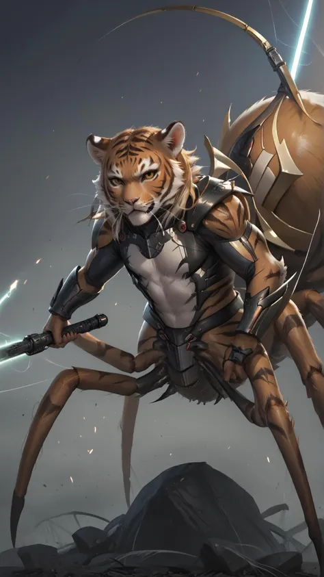 <lora:4r4chn1dPony:1.0>score_9, score_8_up, score_7_up, score_6_up, 4r4chn1d, digital art, arachnid character, Tiger cub inspired, holding a weapon, in mars colony, (Masterpiece:1.3) (best quality:1.2) (high quality:1.1)