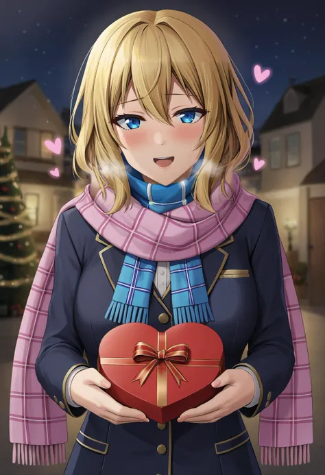 1girl, blonde_hair, blue_eyes, blue_scarf, blurry, blurry_background, blush, box, gift, gift_box, hair_between_eyes, heart, holding, incoming_gift, long_sleeves, looking_at_viewer, night, open_mouth, pink_scarf, plaid_scarf, purple_scarf, scarf, solo, upper_body, valentine