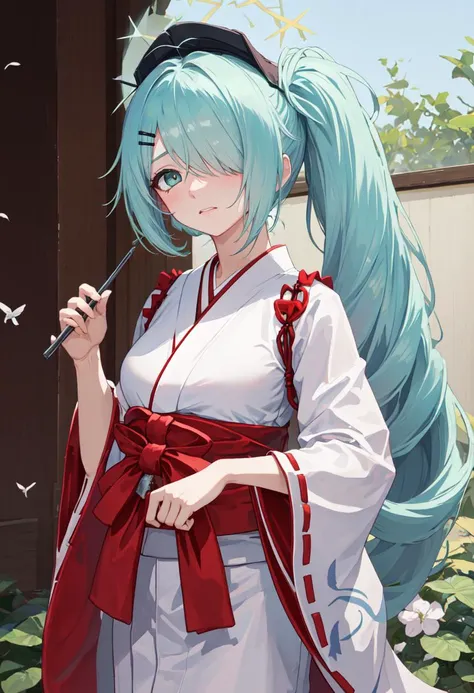 best quality, masterpiece, highres, solo, (hiyori_bluearchive:1.10), (white kimono:1.35), (red hakama:1.35), (wide sleeves:1.20), 19 <lora:hiyori_bluearchive:0.80>