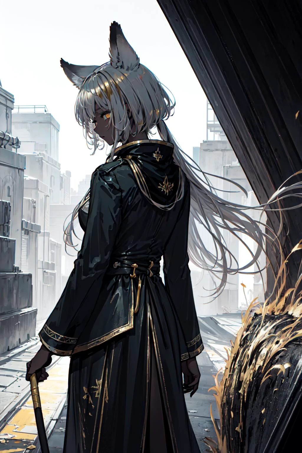 super detailed, (glowing background:1.25),medium close up,
masterpiece, best quality, wide-angle Hyperdetailed, masterpiece, 8k, natural lighting, soft lighting, sunlight, HDR (High Dynamic Range), Maximum Clarity And Sharpness, Multi-Layered Textures,
gray fox theme,silver gray umbrella
(1girl, charonlora,dark skin, holding,umbrella,gray fox tail, from behind, IncrsTailsFixer,gray fox ears,:1.2)
(best art,gold ratio,:1.5),(etching:1.458),
(dark gold line,gray theme,silver theme,white theme,:1.3)
,8k,high-res,highest details,
<lora:FoxTailsFromBehind:0.8> <lora:Charon576V1:0.8>