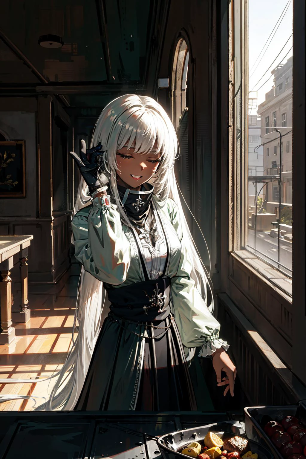 (masterpiece, 8k, natural lighting, soft lighting, sunlight,:1.3) HDR (High Dynamic Range), Maximum Clarity And Sharpness, Multi-Layered Textures,
(1girl, charonlora,dark skin ,silver very long hair,:1.3) ,salting a giant Steam train dish, (((laughing))), cinematic lighting, film grain,pigtail hair ,perfect detail hands,perfect detail fingers, <lora:SaltBaeMeme:0.8> SaltBaeMeme, salt, <lora:Charon576V1:0.8>