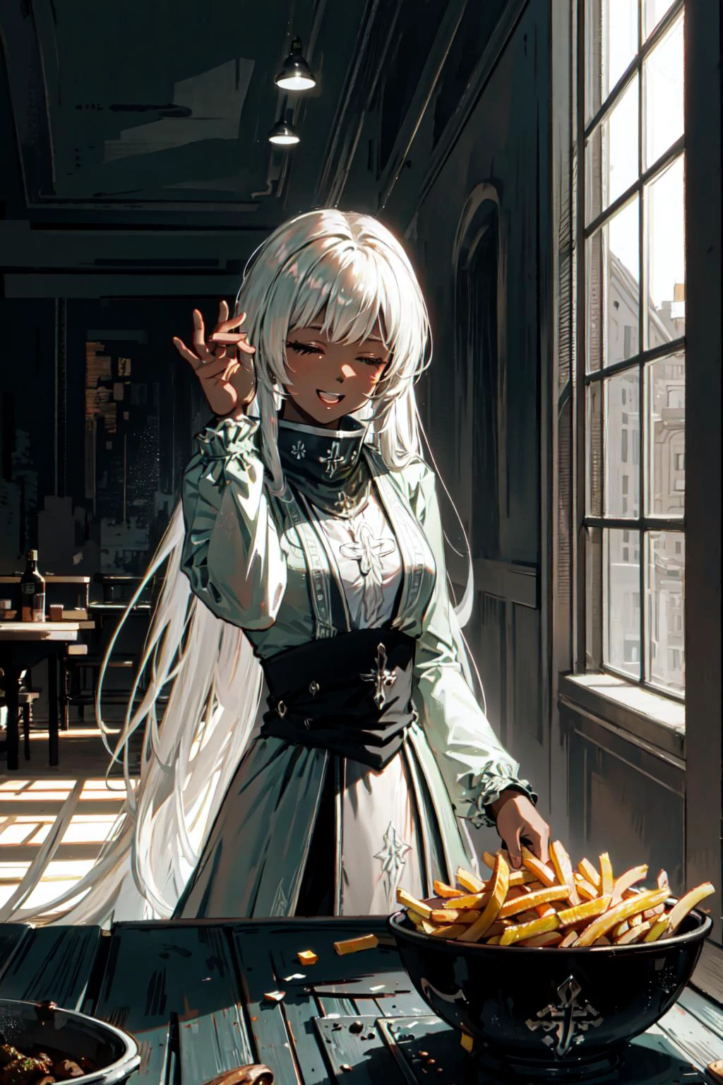 (masterpiece, 8k, natural lighting, soft lighting, sunlight,:1.3) HDR (High Dynamic Range), Maximum Clarity And Sharpness, Multi-Layered Textures,
(1girl, charonlora,dark skin ,silver very long hair,:1.3) ,salting a giant french fries dish, (((laughing:1.15))), cinematic lighting, film grain,pigtail hair ,perfect detail hands,perfect detail fingers, <lora:SaltBaeMeme:0.8> SaltBaeMeme, salt, <lora:Charon576V1:0.8>
