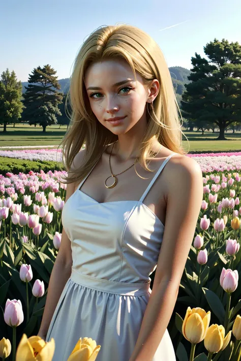 ((ultra detailed, masterpiece, absurdres))
 <lora:CPAlt:0.8>
CPAlt, 1girl, blonde hair, green eyes, in a field of tulips, golden hour, elegant dress, smiling