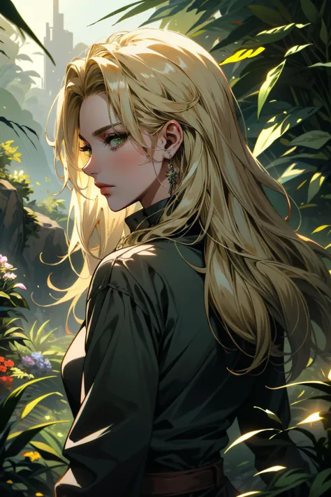 ((ultra detailed, masterpiece, absurdres))
 <lora:CPAlt:0.8>
CPAlt, 1girl, blonde hair, green eyes, in a lush jungle with vibrant flowers, from behind, looking back