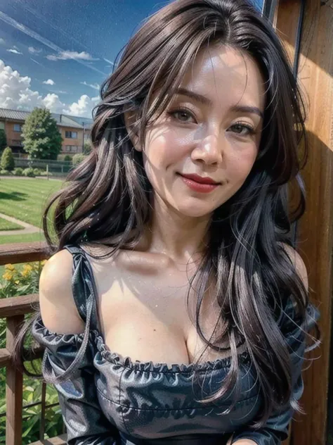 ((cowboy shot)), high shot, face, looking at viewer, 1girl in garden, dark hair, long wavy hair | curtain bangs | closed-lip smile, masterpiece, face, off shoulder light blue dress:2, milf_saga, milf_saga_face, pencil cut dress, big boobs, big breasts! <lora:epiCRealismHelper:1> <lora:epiCRealLife:1> <lora:milfsaga_v6.5:1> <lora:add_detail:1>