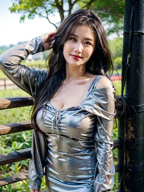 ((cowboy shot)), high shot, face, looking at viewer, 1girl in garden, dark hair, long wavy hair | curtain bangs | closed-lip smile, masterpiece, face, off shoulder light blue dress:2, milf_saga, milf_saga_face, pencil cut dress, big boobs, big breasts! <lora:epiCRealismHelper:1> <lora:epiCRealLife:1> <lora:milfsaga_v6.5:1> <lora:add_detail:1>