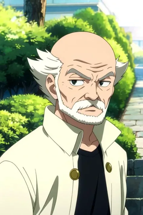 masterpiece, best quality, movie still, 1boy, solo, male focus, looking at viewer, , depth of field, , , <lora:makarov_dreyar:0.66>, makarov_dreyar, white hair, black eyes, old, bald, beard, ,