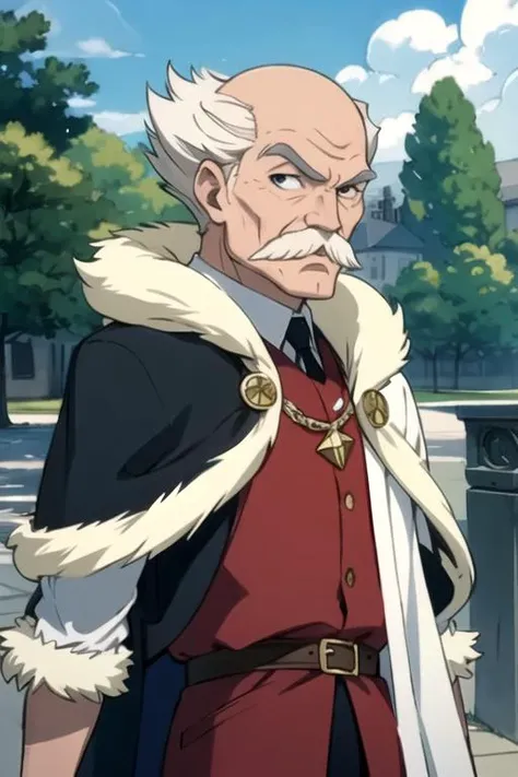 masterpiece, best quality, photorealistic, 1boy, solo, male focus, looking at viewer, , , , , <lora:makarov_dreyar:0.70>, makarov_dreyar, white hair, black eyes, old man, mustache, , fur trim, , , knight costume, atompunk, HDR