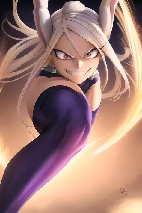 highest resolution, highest quality, 64k, sharp focus, ultra detailed, Mirkomha, boku No hero academia, standing, leotard, hero costume, white gloves, purple thigh highs, looking at viewer, rabbit ears, red eyes, realistic face, detailed face, smirk, athletic body, muscular, action pose,<lora:mirkoMyHeroAcademia_v10:1>