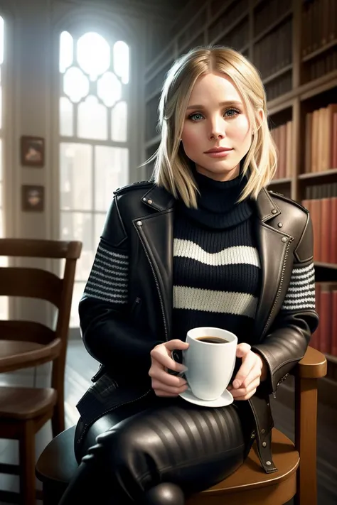 photo of (kr1st3nb3ll), a woman in a (leather jacket:1.2), (wearing a striped sweater:1.2), modelshoot style, (extremely detailed CG unity 8k wallpaper), photo of the most beautiful artwork in the world, professional majestic oil painting by Ed Blinkey, Atey Ghailan, Studio Ghibli, by Jeremy Mann, Greg Manchess, Antonio Moro, trending on ArtStation, trending on CGSociety, Intricate, High Detail, Sharp focus, dramatic, photorealistic painting art by midjourney and greg rutkowski, (holding 1 cup of coffee:1.1), (sitting on a chair:1.2), (in a library:1.3), (looking at viewer), (detailed pupils:1.3)