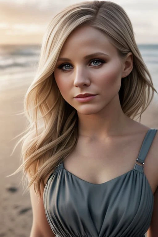 (sharp focus:1.2), photo, attractive young kristen-7000, (beautiful face:1.1), detailed eyes, luscious lips, (cat eye makeup:0.85), (large eyes:1.0), (toned body:1.2), wearing (romper:1.2) on a (beach:1.2). (moody lighting:1.2), depth of field, bokeh, 4K, HDR. by (James C. Christensen:1.2|Jeremy Lipking:1.1).