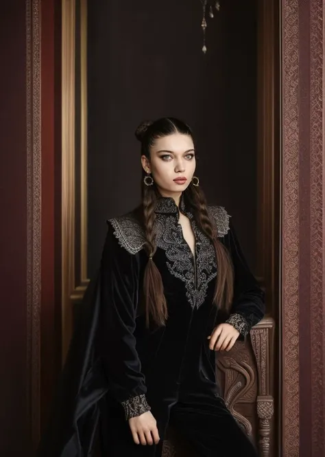 (photogenic) afra_saracoglu in (jumpsuit|dracula costume),portrait,intricate detail,(low twintails),( comb),at New Indies architecture,noon,art by  (Mikalojus Konstantinas Ciurlionis),
<lora:afra_saracoglu-98:0.8>,<lora:depth_of_field_slider_v1:8>,
