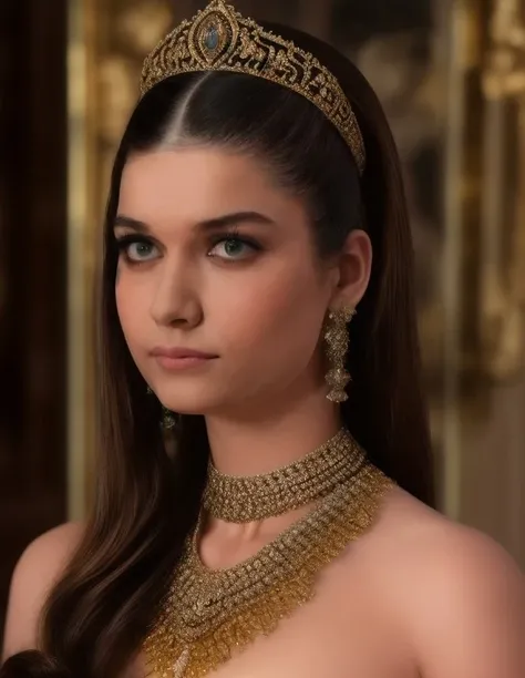 (realistic RAW portrait) of  afra_saracogluwearing a gold dress and jewelry with a tiara on her head and a necklace on her neck with ((happy face)), masterpiece, best quality, detailed light, extremely detailed, royalty, HDR, intricate details,brown eyes
 (high detailed skin:1.2),(updo)  (notan lighting:1.2), (soft fill light:1.1) BREAK 8k uhd, dslr, high quality,Canon EOS 250D
 <lora:afra4ep:1.2>  <lora:add_detail:0.5>