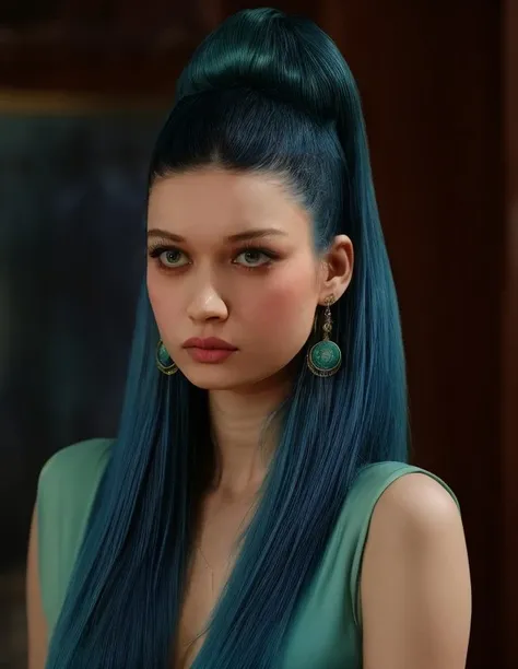 (realistic RAW portrait) of afra_saracoglu, with blue hair wearing a green dress and earrings, with a dark background and a blue smoke, by Franois Quesnel
(high detailed skin:1.2),Canon EOS 250D
 <lora:afra4ep:1.2>  <lora:add_detail:0.5>