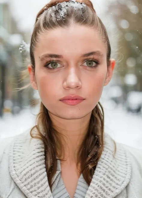 beautiful symmetrical face, cute natural makeup, ((standing outside in snowy city street)), BREAK ultra realistic, concept art, elegant, highly detailed, intricate, sharp focus, depth of field, f/1. 8, 85mm, medium shot, mid shot, (centered image composition), (professionally color graded), ((bright soft diffused light)), volumetric fog, trending on instagram, hdr 4k,<lora:afra_saracoglu-98:1.0>