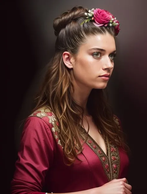 afra_saracoglu,with flowers in her hair and a wreath of pink roses on her head,standing in front of a dark background,painted by artgerm and tom bagshaw,fantasy art,dramatic lighting,highly detailed oil painting,<lora:afra_saracoglu-98:0.8>,