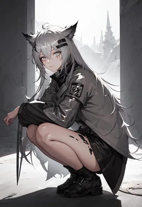(safe:1.10), best quality, masterpiece, highres, solo, (lappland_arknights:1.10), squatting, cowboy_shot, looking at viewer, 34 <lora:lappland_arknights:0.80>