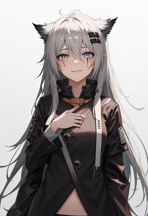 best quality, masterpiece, highres, solo, (lappland_arknights:1.10), 1girl, black_jacket, scar, looking_at_viewer, upper_body, smile, closed_mouth, simple_background, high_collar, white_background, long_sleeves, grey_background, 1 <lora:lappland_arknights:0.80>