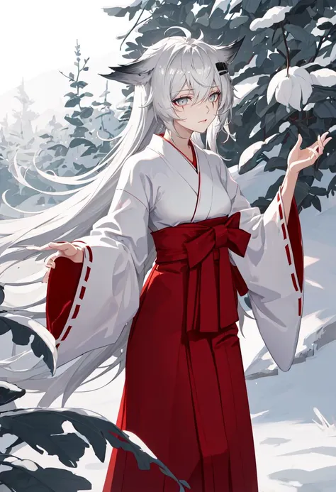 best quality, masterpiece, highres, solo, (shining_arknights:1.10), (white kimono:1.35), (red hakama:1.35), (wide sleeves:1.20), 26 <lora:shining_arknights:0.80>