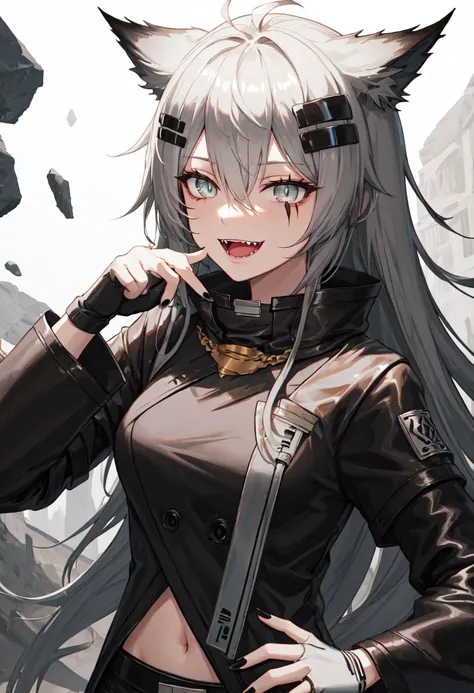 best quality, masterpiece, highres, solo, {lappland_arknights:1.15}, animal_ears, wolf_ears, long_hair, scar, bangs, scar_across_eye, hair_ornament, hairclip, scar_on_face, hair_between_eyes, grey_eyes, smile, grey_hair, white_hair, upper_body, 1girl, black_jacket, fingerless_gloves, gloves, grin, jacket, looking_at_viewer, long_sleeves, parted_lips, white_gloves, simple_background, white_background, grey_gloves, hand_up, head_rest