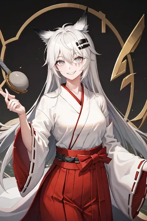 best quality, masterpiece, highres, solo, {white kimono:1.35}, {red hakama:1.35}, {wide sleeves:1.20}, {lappland_arknights:1.15}, animal_ears, wolf_ears, long_hair, scar, bangs, scar_across_eye, hair_ornament, hairclip, scar_on_face, hair_between_eyes, grey_eyes, smile, grey_hair, white_hair, upper_body