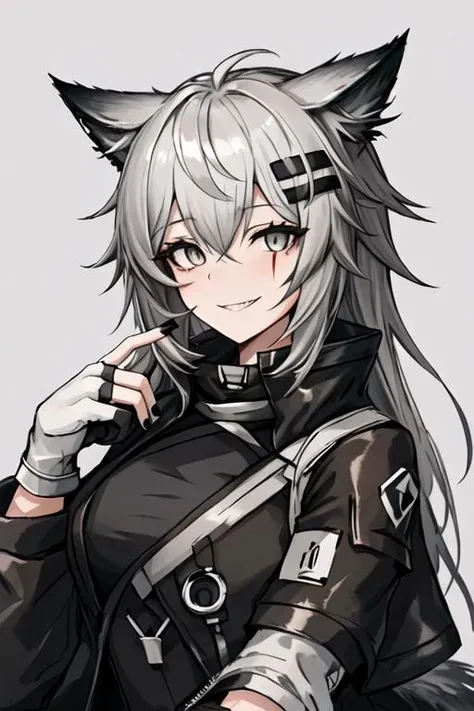best quality, masterpiece, highres, 1girl, solo, {lappland_arknights:1.15}, animal_ears, wolf_ears, long_hair, scar, bangs, scar_across_eye, hair_ornament, hairclip, scar_on_face, hair_between_eyes, grey_eyes, smile, grey_hair, white_hair, black_jacket, black_nails, fingerless_gloves, gloves, grey_gloves, jacket, long_sleeves, looking_at_viewer, nail_polish, upper_body, simple_background, grey_background, white_gloves