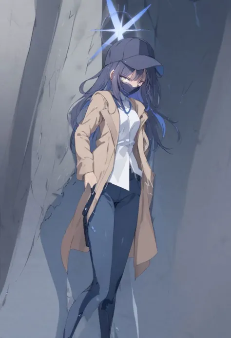 cute, young, gritty, dark hair, cap, face mask, tired, dark trench coat, brown trench coat, jeans, white inner shirt, phone, windy, HD, badass, masterpiece, best quality, extremely detailed face, perfect lighting, long_sleeves, original, depth_of_field, best quality, volumetric lighting), negative_hand, full body image, saori \(blue archive\), phone