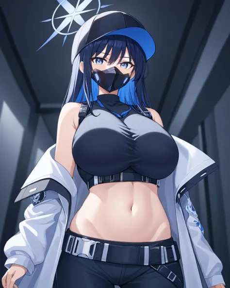 breathtaking,saori \(blue archive\),1girl, solo, breasts, looking at viewer, large breasts, shirt, hat, navel, bare shoulders, standing, jacket, upper body, sidelocks, cowboy shot, open clothes, sleeveless, midriff, belt, pants, off shoulder, stomach, blurry, coat, crop top, groin, black shirt, sleeveless shirt, black headwear, mask, blurry background, halo, black pants, white jacket, baseball cap, black belt, mouth mask, underbust, white coat, taut clothes, taut shirt, harness, chest harness, black mask, snap-fit buckle
<lora:Saori_image220_v1-000035:1> . gorgeous,key visual, vibrant, studio anime,award-winning, professional, highly detailed,high budget, cinemascope