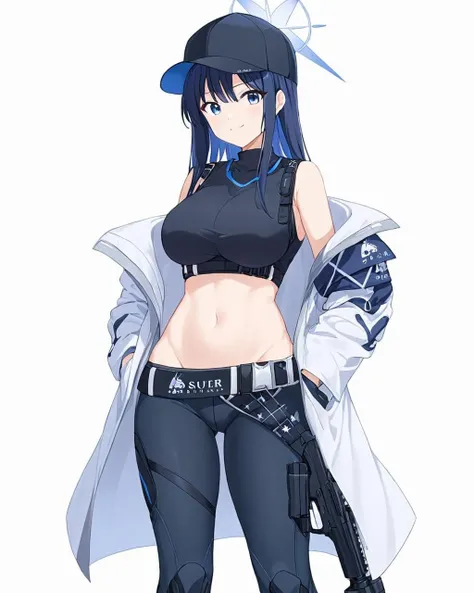 saori \(blue archive\),1girl, solo, stomach, navel, black_pants, crop_top, midriff, white_coat, black_gloves, baseball_cap, looking_at_viewer, white_background, black_shirt, bare_shoulders, off_shoulder, hand_in_pocket, sleeveless_shirt, black_headwear, sig_sauer, simple_background, snap-fit_buckle, black_belt, cowboy_shot, holding_gun, smile, standing, open_coat, holster, long_sleeves, medium_breasts, groin, large_breasts, halo
<lora:saori_(blue_archive)_image2237_2023-11-28-000010:1>halo. gorgeous,key visual, vibrant, studio anime,award-winning, professional, highly detailed,high budget, cinemascope