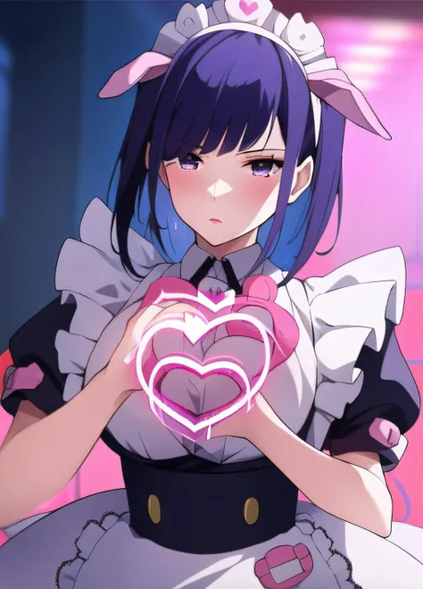 1girl, masterpice, high quality, best quality, good body, 5fingers, good hands and fingers, official art, (8k), ranko, maid, <lora:ranko-10:1:1>, (fake pig ears), sexy, scultural body, NFSW, ((explicit)), (pixiv), medium hair, purple hair, dynamic pose, ((((heart hand's))))