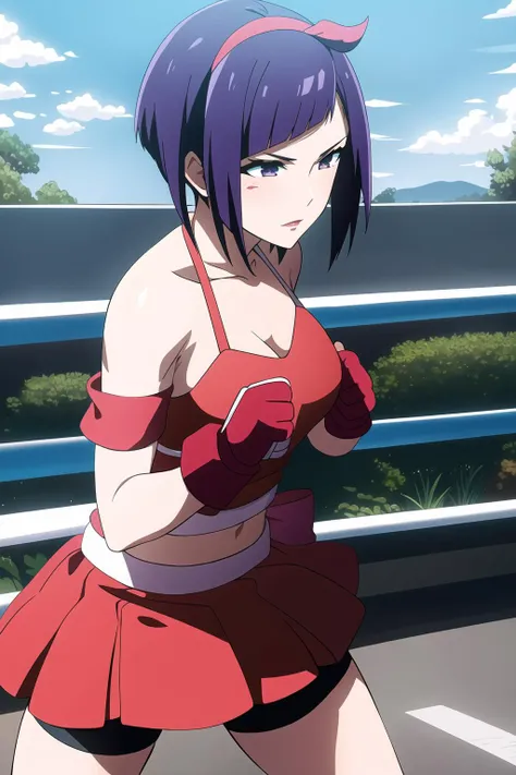 ranko, short hair, puple hair, big breasts, 1girl, masterpice, high high quality, best quality, high detailed, , (solo),fingerless gloves, maid headdress, bike shorts, red gloves, body, perfect body, <lora:ranko-09:0.8>, outdoors, fighting stance,