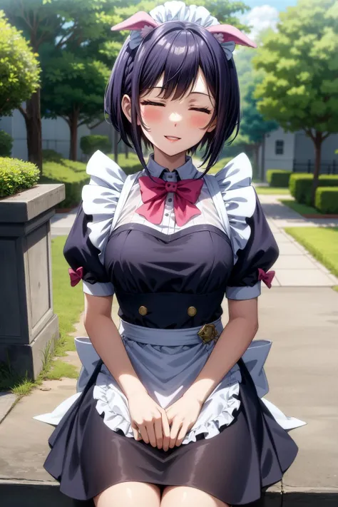 1girl, (masterpiece.|.3), (high resolution), (8K), (extremely detailed), (4k), (pixiv), perfect face, nice eyes and face, (best quality), (super detailed), detailed face and eyes, (solo), textured skin, absurdres, highres, <lora:more_details:0.4>, <lora:ranko-09:0.7>, rankowz, pig ears, animal ears, maid, maid headdress, purple hair, short hair, purple eyes, pink bow, puffy sleeves, short sleeves,white apron, outdoors, sitting, cowboy shot, smile, closed eyes, parted lips