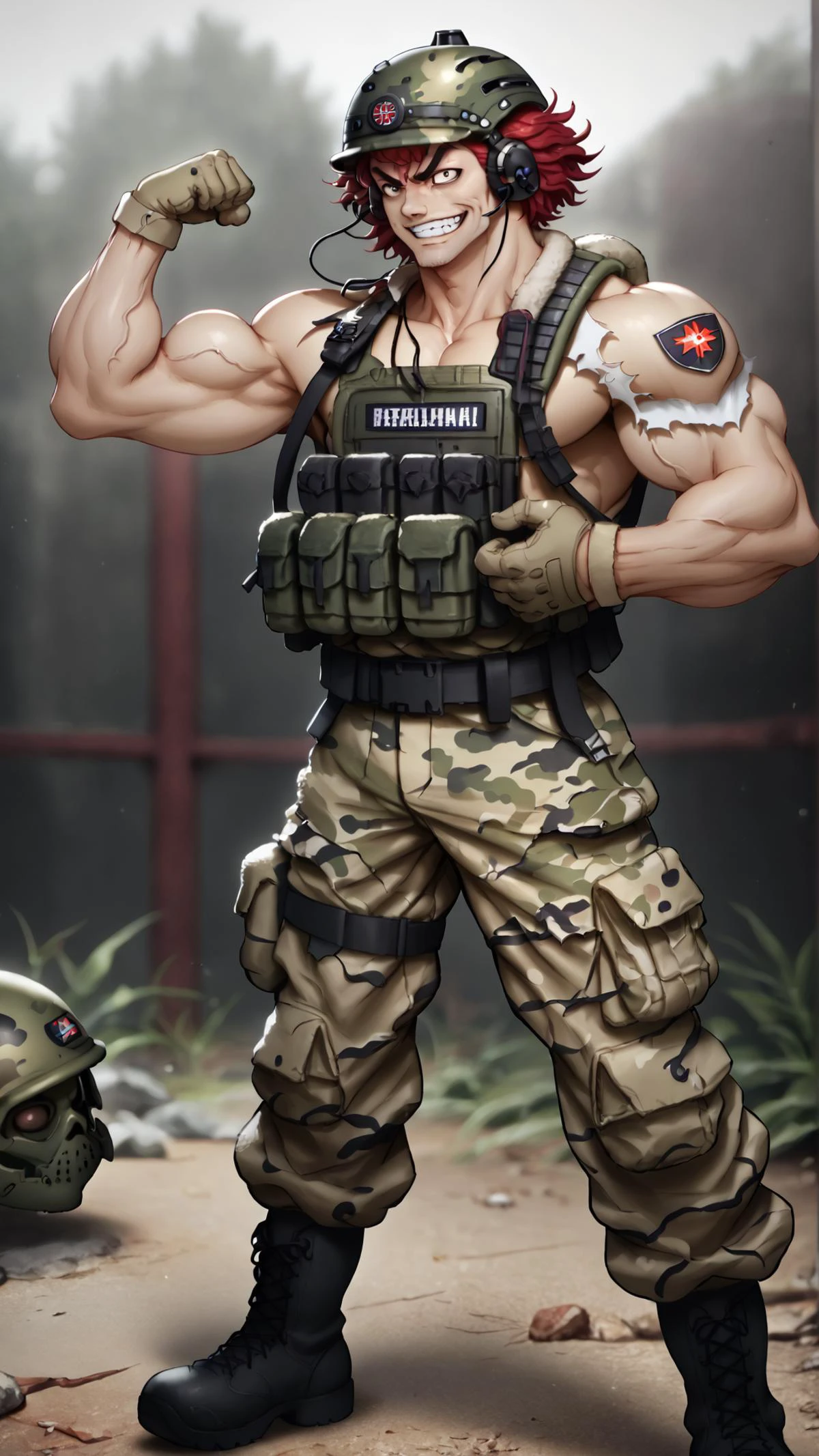 <lora:Char-YujiroHanma-pony:0.8> YujiroHanma, 1boy, male focus, solo, muscular male, pupils, brown eyes, red hair, manly, veins, <lora:edgTacticalPonyv1:0.8> gloves, military, helmet, headset, camouflage, load bearing vest, sling, wearing epTactical, boots, torn clothes, evil grin, flexing,, score 9, score 8 up, score 7 up, score 6 up, score 5 up, score 4 up,