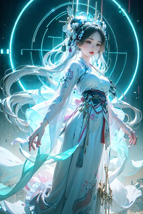 prompt:1 girl solo, <lora:SBGF:0.8>,perfect_hand, (8k, RAW photo, best quality, masterpiece:1.2), (realistic, photo-realistic:1.4), (extremely detailed CG unity 8k wallpaper), <lora:hanfu2.0:0.6>,hanfu, song, song dynasty, song clothing,,full body, (neon lights:1.2), machop, mechanical arms,