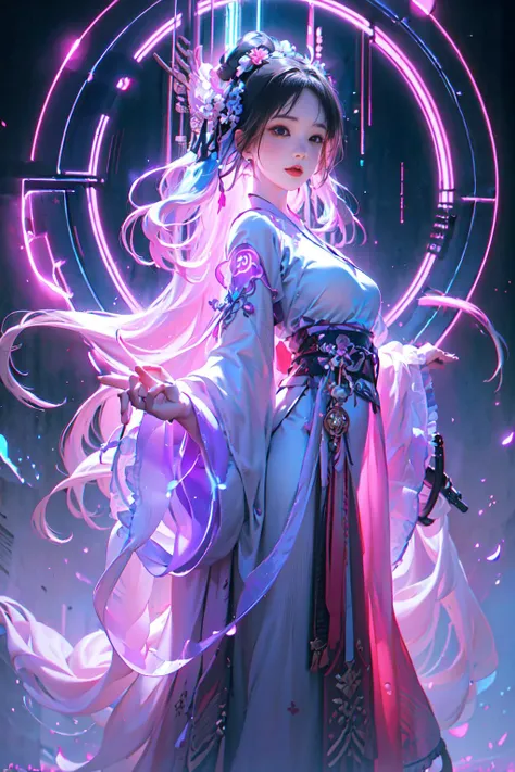 prompt:1 girl solo, <lora:SBGF:0.8>,perfect_hand, (8k, RAW photo, best quality, masterpiece:1.2), (realistic, photo-realistic:1.4), (extremely detailed CG unity 8k wallpaper), <lora:hanfu2.0:0.6>,hanfu, song, song dynasty, song clothing,,full body, (neon lights:1.2), machop, mechanical arms,